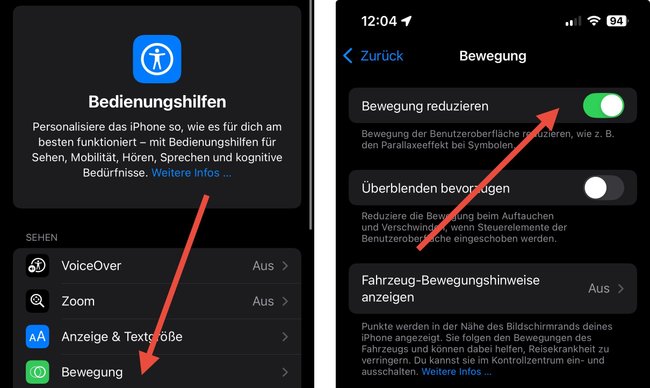 Einstellung „Bewegung reduzieren“ auf dem iPhone. Einstellung „Bewegung reduzieren“ auf dem iPhone.