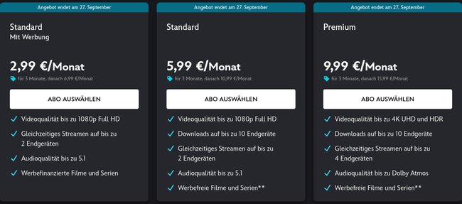 Die Preise der verschiedenen Abos bei einer Aktion von Disney+ Die Preise der verschiedenen Abos bei einer Aktion von Disney+