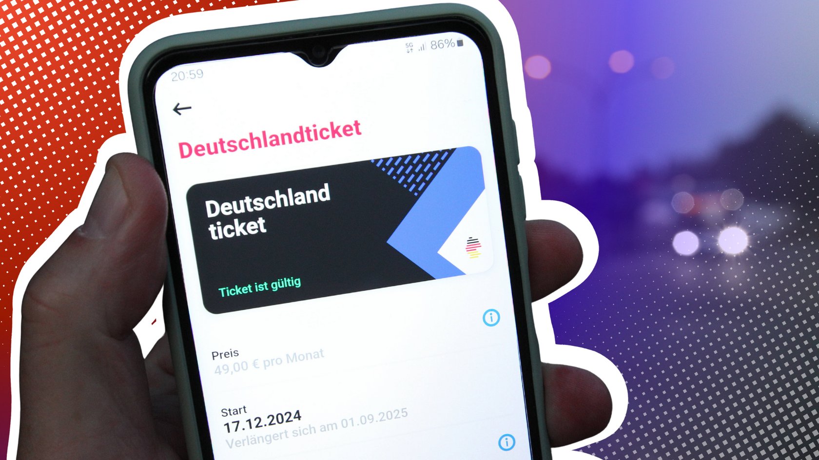 Handy mit Deutschlandticket, Bus im Hintergrund Handy mit Deutschlandticket, Bus im Hintergrund