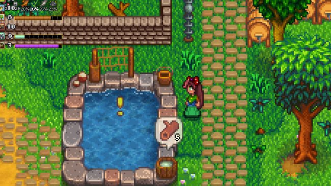 Pixelgrafik eines Charakters neben einem rechteckigen Brunnen mit Steinumrandung, umgeben von Bäumen und gepflastertem Weg. Pixelgrafik eines Charakters neben einem rechteckigen Brunnen mit Steinumrandung, umgeben von Bäumen und gepflastertem Weg.