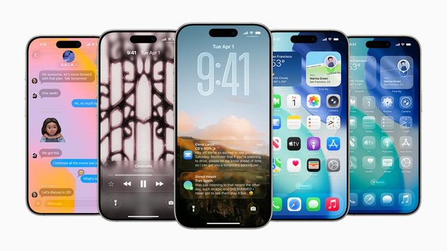 iPhones mit iOS 26 und dem neuen Liquid-Glass-Design. iPhones mit iOS 26 und dem neuen Liquid-Glass-Design.