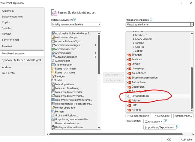 Hier aktiviert ihr die Entwickleroptionen bei PowerPoint Hier aktiviert ihr die Entwickleroptionen bei PowerPoint