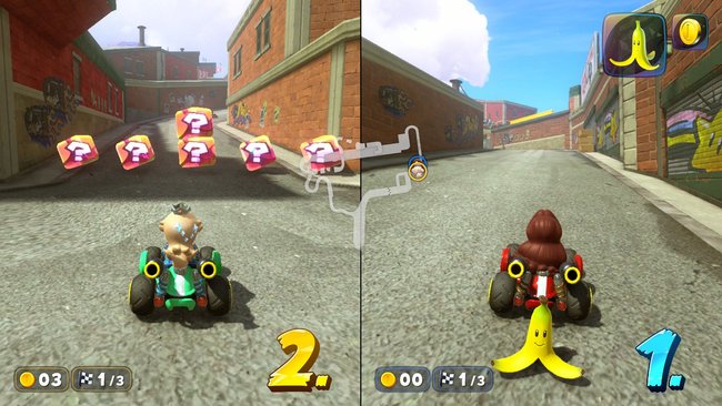 Zwei-Spieler-Modus von Mario Kart World. Zwei-Spieler-Modus von Mario Kart World.