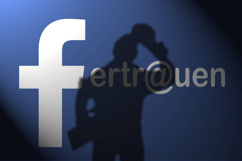 Facebook-F bildet den Anfang zum Wort Vertrauen, darauf Schatten einer Person Facebook-F bildet den Anfang zum Wort Vertrauen, darauf Schatten einer Person