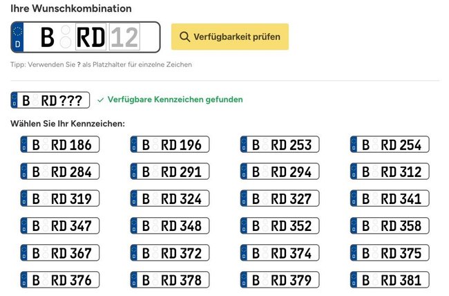 Kennzeichen-Reservierung mit Vorschlägen zu verfügbaren Alternativen. Kennzeichen-Reservierung mit Vorschlägen zu verfügbaren Alternativen.