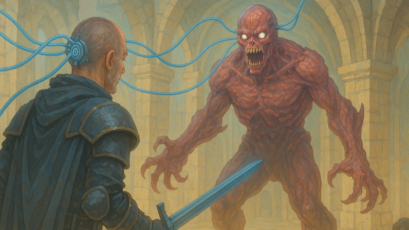 KI-generiertes Bild von einem Ritter mit Schwert steht vor einem Monster, beide sind mit Kabeln aus ihren Köpfen miteinander verbunden. KI-generiertes Bild von einem Ritter mit Schwert steht vor einem Monster, beide sind mit Kabeln aus ihren Köpfen miteinander verbunden.