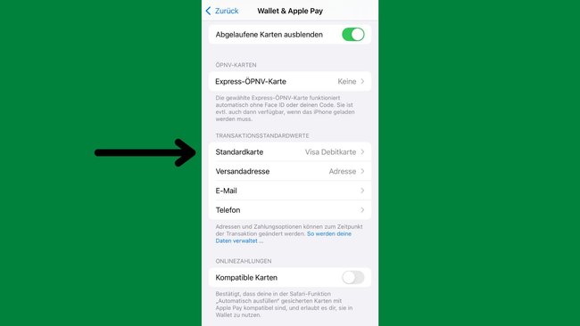 iPhone-Einstellungen für das Einstellen einer Standardkarte für die Apple Wallet. iPhone-Einstellungen für das Einstellen einer Standardkarte für die Apple Wallet.