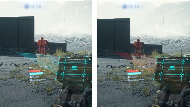 Blauer Strahl der Bola-Gun beim Zielen und roter Strahl beim erfassten Ziel in Death Stranding 2 - On the Beach Blauer Strahl der Bola-Gun beim Zielen und roter Strahl beim erfassten Ziel in Death Stranding 2 - On the Beach