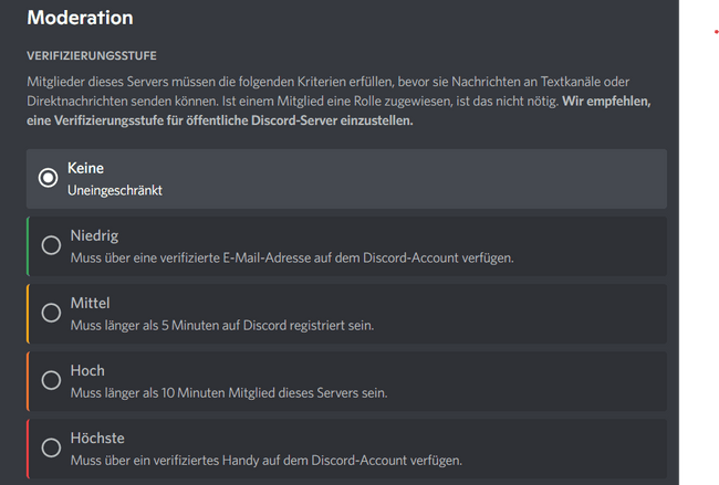 Die Verifizierungsstufen für den Server. Die Verifizierungsstufen für den Server.