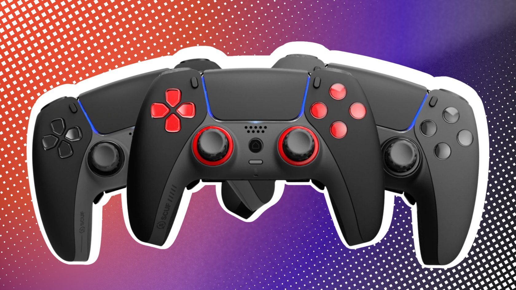 Drei PS5-Controller von SCUF Gaming. Drei PS5-Controller von SCUF Gaming.