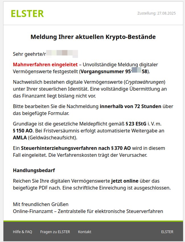 Betrügerische E-Mail an Elster-Nutzer. Betrügerische E-Mail an Elster-Nutzer.
