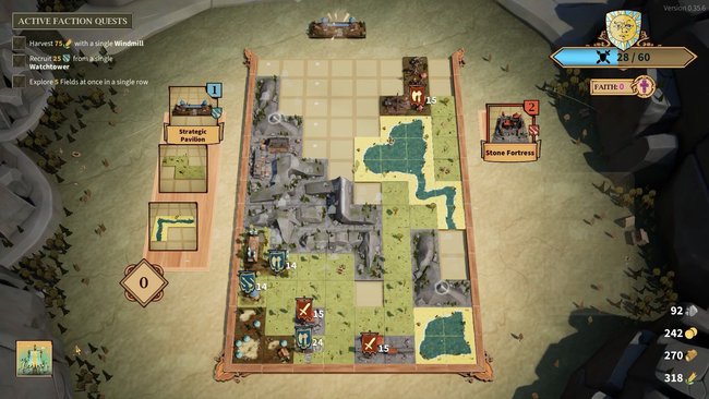 Screenshot aus Drop Duchy zeigt das Tetris-Feld mit mehreren Geländefeldern und Militärgebäuden. Screenshot aus Drop Duchy zeigt das Tetris-Feld mit mehreren Geländefeldern und Militärgebäuden.