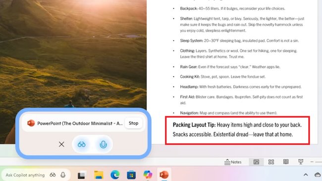 Ausschnitt aus dem Video zum Copilot von Windows 11, der eine Power-Point-Präsentation zum Thema Minimalist Backpacking zeigt. Ausschnitt aus dem Video zum Copilot von Windows 11, der eine Power-Point-Präsentation zum Thema Minimalist Backpacking zeigt.