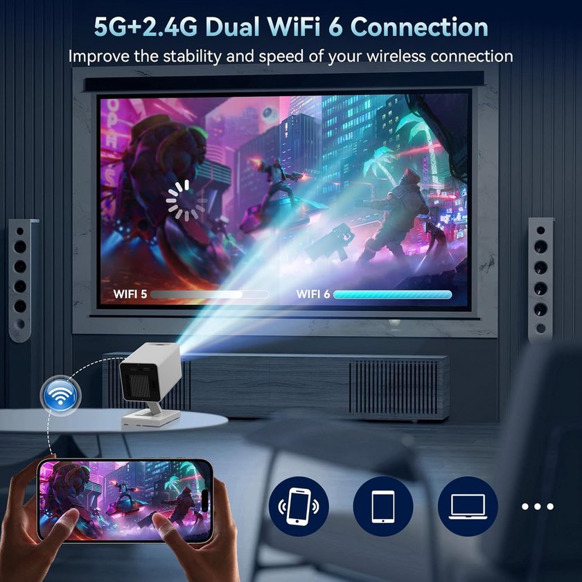 Ein Bild zeigt einen Projektor, der ein Videospiel auf eine große Fläche projiziert. Ein Smartphone spiegelt das Spiel und zeigt verschiedene Geräteoptionen wie Smartphone, Tablet und Laptop. Ein Bild zeigt einen Projektor, der ein Videospiel auf eine große Fläche projiziert. Ein Smartphone spiegelt das Spiel und zeigt verschiedene Geräteoptionen wie Smartphone, Tablet und Laptop.