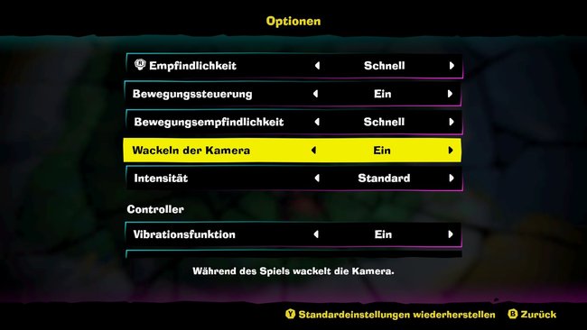 Menü von Donkey Kong Bananza. Die Option ist gelb hinterlegt, mit der Spieler einstellen können, ob die Kamera wackelt. Menü von Donkey Kong Bananza. Die Option ist gelb hinterlegt, mit der Spieler einstellen können, ob die Kamera wackelt.