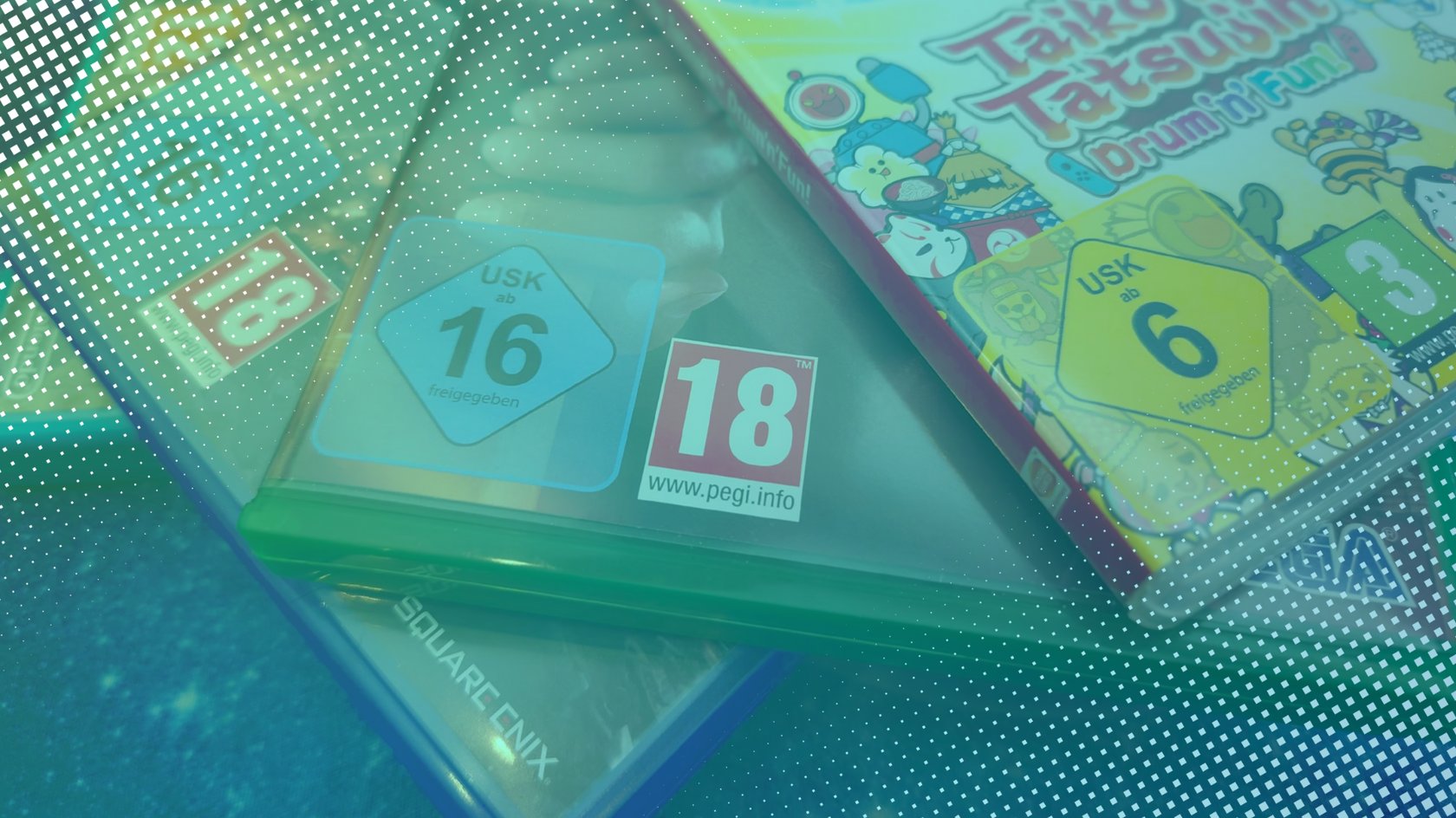 Verschiedene Spielehüllen (PS4, Xbox, Switch) mit PEGI- und USK-Kennzeichnungen drauf Verschiedene Spielehüllen (PS4, Xbox, Switch) mit PEGI- und USK-Kennzeichnungen drauf