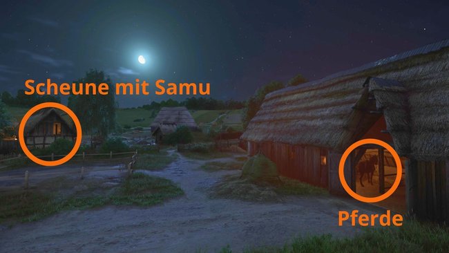 HOLT SAMU AUS DERSUNE UND TRAGT IHN ZUM STAL MIT DEN PDERDEN.