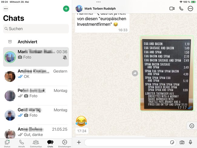 Screenshot eines Chatfensters der App WhatsApp für iPad Screenshot eines Chatfensters der App WhatsApp für iPad