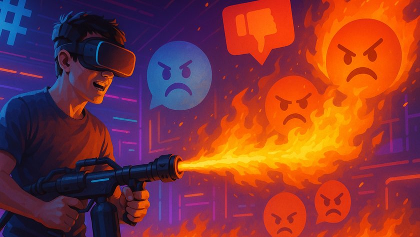 KI-generiertes Bild von einem Mann mit VR-Headset und einem Flammenwerfer, der wütende Emojies anzündet. KI-generiertes Bild von einem Mann mit VR-Headset und einem Flammenwerfer, der wütende Emojies anzündet.