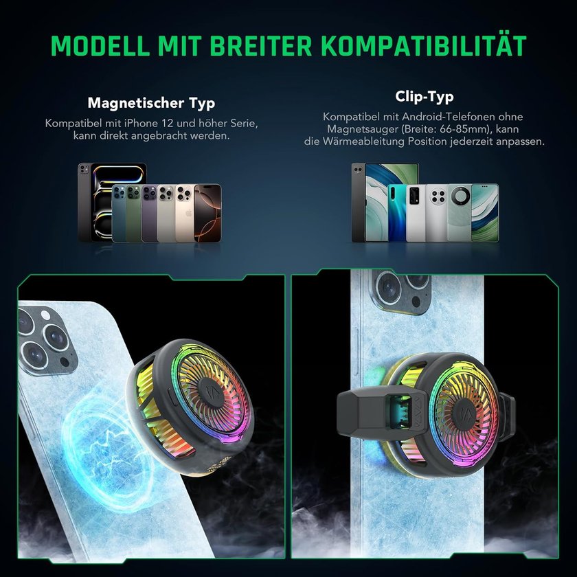 Das Bild zeigt zwei Arten von Handy-Kühlern mit breiter Kompatibilität. Oben links wird der magnetische Typ für iPhone 12 und höher gezeigt, oben rechts der Clip-Typ für Android-Telefone. Unten links ist ein magnetischer Kühler auf einem iPhone zu sehen, unten rechts ein Clip-Kühler an einem anderen Smartphone. Beide Kühler haben eine bunte RGB-Beleuchtung. Das Bild zeigt zwei Arten von Handy-Kühlern mit breiter Kompatibilität. Oben links wird der magnetische Typ für iPhone 12 und höher gezeigt, oben rechts der Clip-Typ für Android-Telefone. Unten links ist ein magnetischer Kühler auf einem iPhone zu sehen, unten rechts ein Clip-Kühler an einem anderen Smartphone. Beide Kühler haben eine bunte RGB-Beleuchtung.