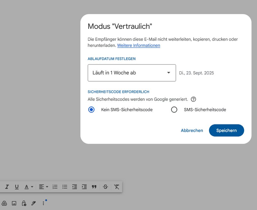 Dialogfenster "Modus "Vertraulich"" mit Optionen zum Festlegen des Ablaufdatums und zur Auswahl eines Sicherheitscodes. Dialogfenster "Modus "Vertraulich"" mit Optionen zum Festlegen des Ablaufdatums und zur Auswahl eines Sicherheitscodes.