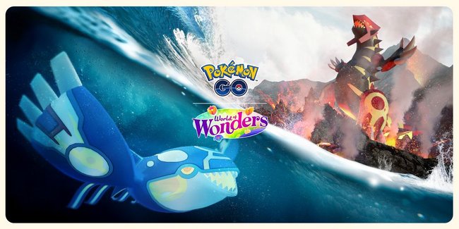 Werbegrafik für Pokémon GO mit dem Titel „World of Wonders“. Links ist das blaue, walfischähnliche Pokémon Kyogre unter Wasser zu sehen, rechts das rote, drachenähnliche Pokémon Primal-Groudon in einer vulkanischen Landschaft mit Rauch und Lava. Die beiden Pokémon stehen sich in dramatischer Szenerie gegenüber, getrennt durch eine grosse Welle. Werbegrafik für Pokémon GO mit dem Titel „World of Wonders“. Links ist das blaue, walfischähnliche Pokémon Kyogre unter Wasser zu sehen, rechts das rote, drachenähnliche Pokémon Primal-Groudon in einer vulkanischen Landschaft mit Rauch und Lava. Die beiden Pokémon stehen sich in dramatischer Szenerie gegenüber, getrennt durch eine grosse Welle.