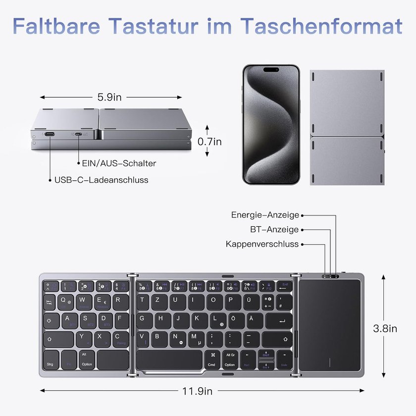 Eine faltbare Tastatur im Taschenformat wird gezeigt. Die Tastatur verfügt über einen EIN/AUS-Schalter, einen USB-C-Ladeanschluss, eine Energieanzeige, eine BT-Anzeige und einen Kappenverschluss. Ein Smartphone ist daneben abgebildet, um die Größe zu veranschaulichen. Eine faltbare Tastatur im Taschenformat wird gezeigt. Die Tastatur verfügt über einen EIN/AUS-Schalter, einen USB-C-Ladeanschluss, eine Energieanzeige, eine BT-Anzeige und einen Kappenverschluss. Ein Smartphone ist daneben abgebildet, um die Größe zu veranschaulichen.