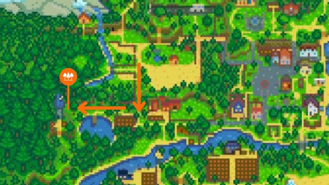 Pixelgrafik einer Landschaftskarte mit Wald, Fluss, mehreren Gebäuden und Feldern, orangefarbene Pfeile markieren bestimmte Stellen. Pixelgrafik einer Landschaftskarte mit Wald, Fluss, mehreren Gebäuden und Feldern, orangefarbene Pfeile markieren bestimmte Stellen.