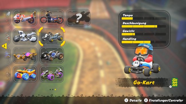 Stats in der Fahrzeugauswahl von Mario Kart World. Stats in der Fahrzeugauswahl von Mario Kart World.