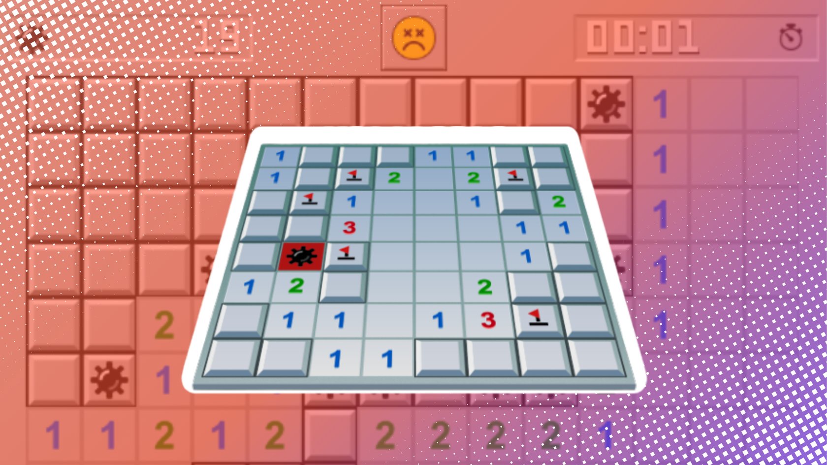 Minesweeper-Spielbrett mit aufgedeckter Mine und Zahlenfeldern. Minesweeper-Spielbrett mit aufgedeckter Mine und Zahlenfeldern.
