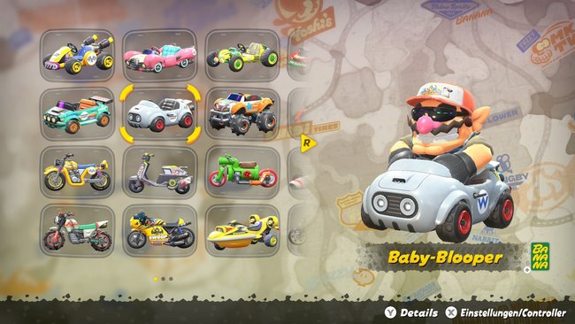 Wario und der Baby-Blooper in der Charakterauswahl von Mario Kart World. Wario und der Baby-Blooper in der Charakterauswahl von Mario Kart World.