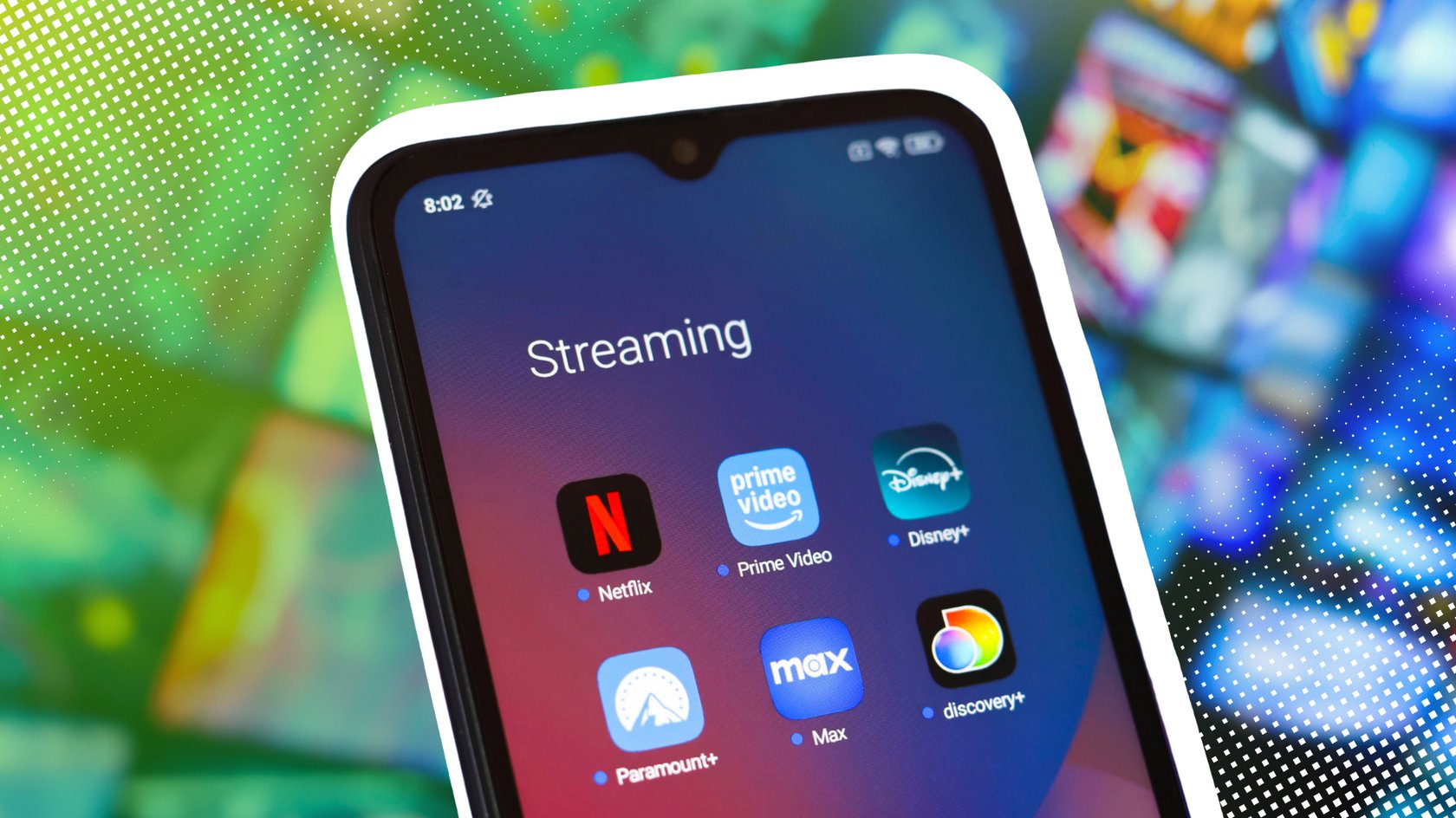Smartphone mit Streaming-Apps von Netflix, Prime Video, Disney+, Paramount+, HBO Max und Discovery+ Smartphone mit Streaming-Apps von Netflix, Prime Video, Disney+, Paramount+, HBO Max und Discovery+