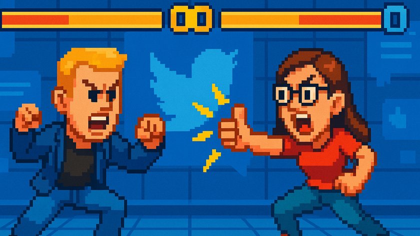 KI-generiertes Bild von einem Mann und einer Frau im Pixel-Look, die wie in einem Prügelspiel gegenüber stehen. KI-generiertes Bild von einem Mann und einer Frau im Pixel-Look, die wie in einem Prügelspiel gegenüber stehen.