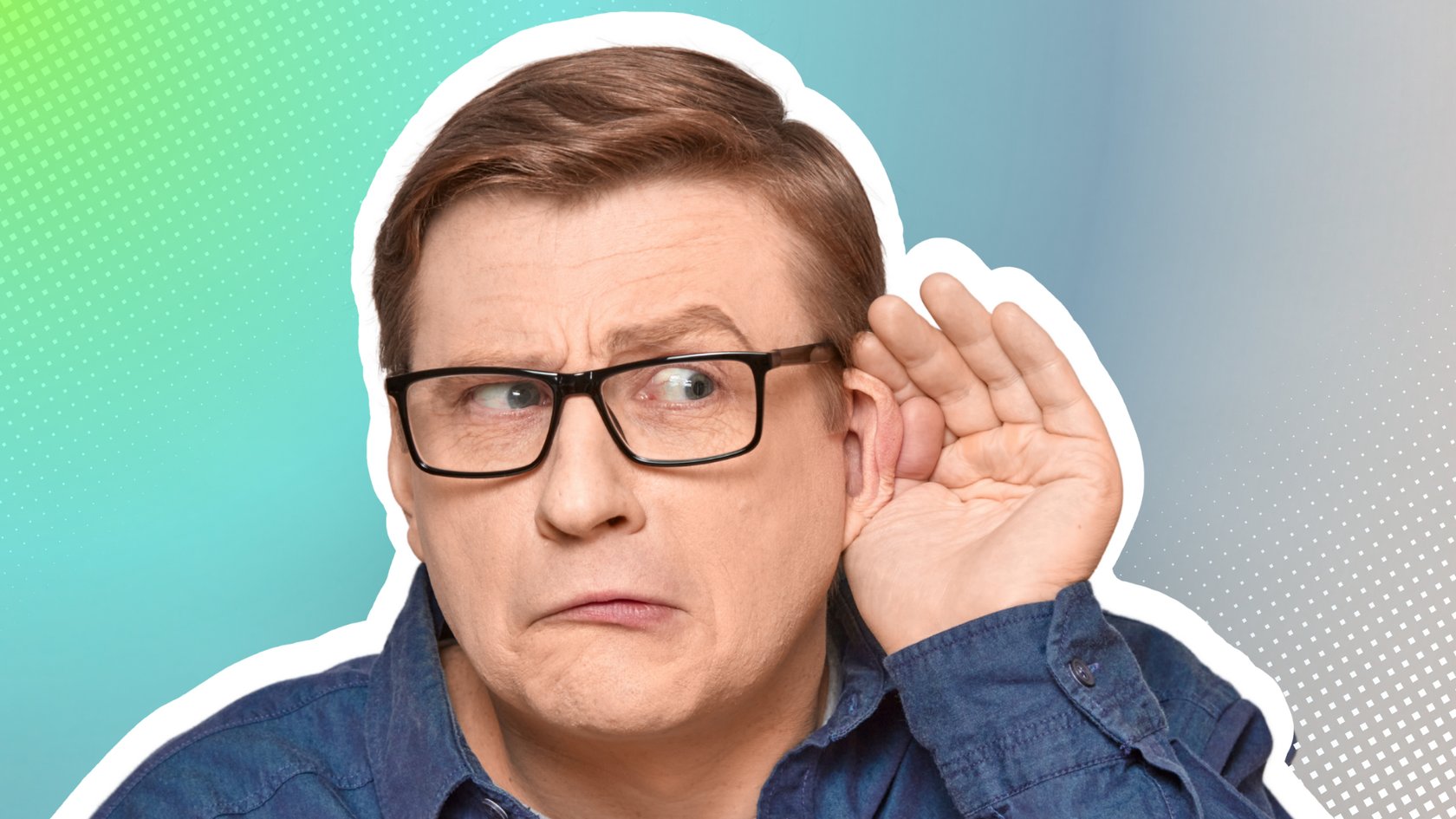 Mann hält Hand ans Ohr und schaut verwirrt. Mann hält Hand ans Ohr und schaut verwirrt.