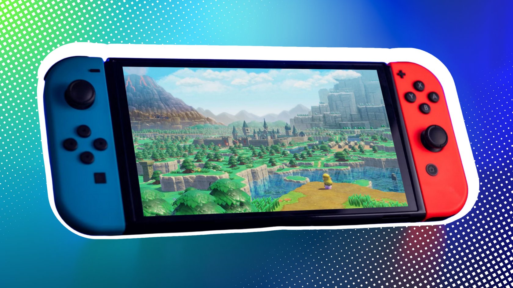 Nintendo Switch mit einer Szene aus Zelda: Echoes of Wisdom auf dem Bildschirm. Nintendo Switch mit einer Szene aus Zelda: Echoes of Wisdom auf dem Bildschirm.