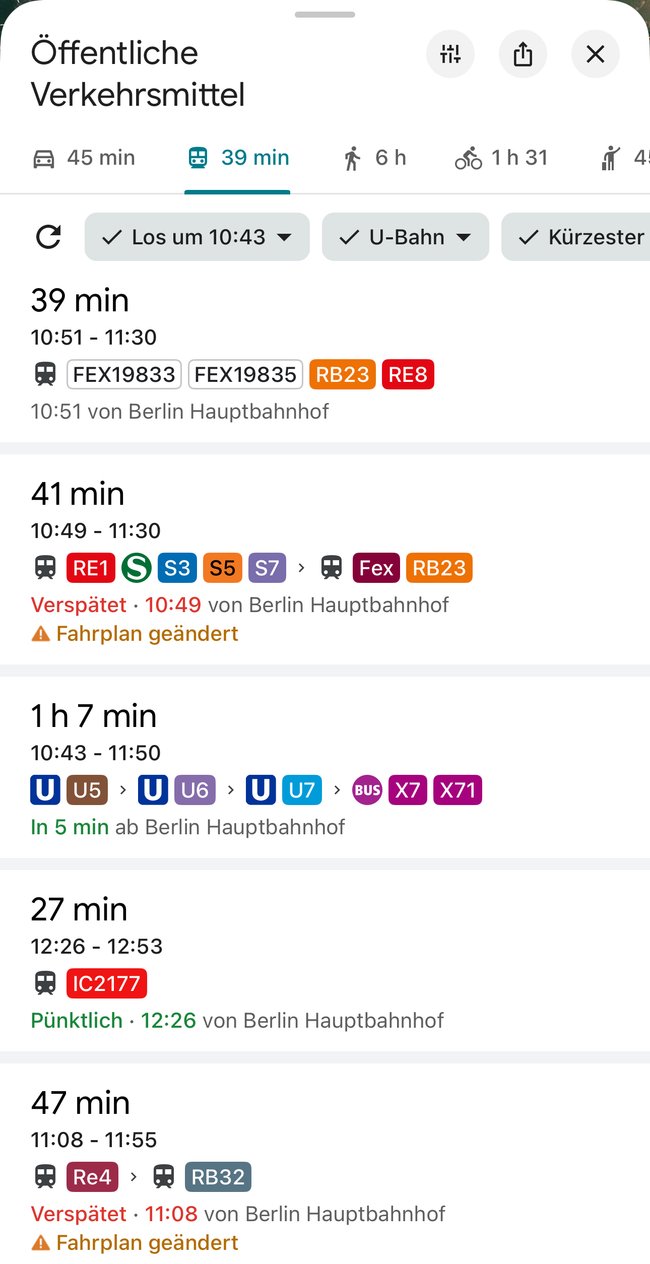 Liste mit verschiedenen Routen von Berlin Hbf nach BER. Liste mit verschiedenen Routen von Berlin Hbf nach BER.