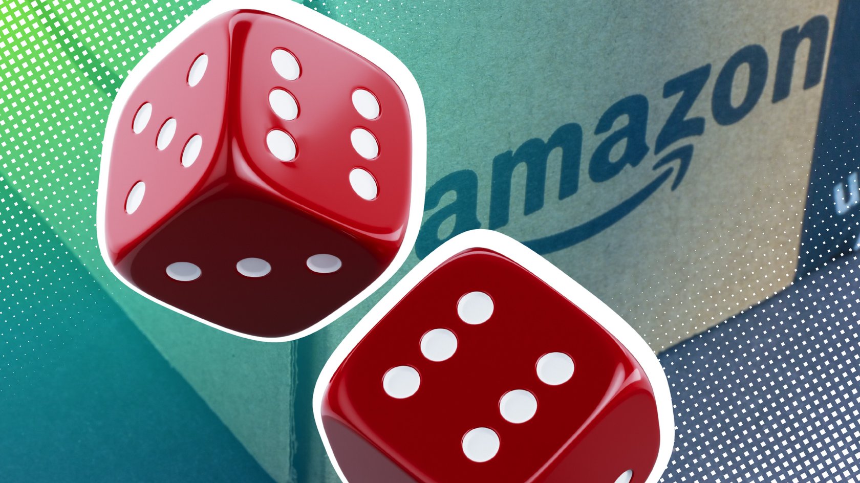 Zwei rote Würfel vor einem Amazon-Paket. Zwei rote Würfel vor einem Amazon-Paket.