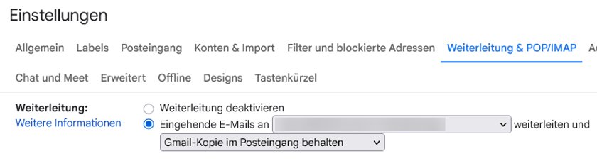 Einstellungen für Weiterleitung und POP/IMAP. Die Option "Eingehende E-Mails an" ist ausgewählt, mit einem Feld zur Eingabe einer E-Mail-Adresse und einer Dropdown-Auswahl für "Gmail-Kopie im Posteingang behalten". Einstellungen für Weiterleitung und POP/IMAP. Die Option "Eingehende E-Mails an" ist ausgewählt, mit einem Feld zur Eingabe einer E-Mail-Adresse und einer Dropdown-Auswahl für "Gmail-Kopie im Posteingang behalten".