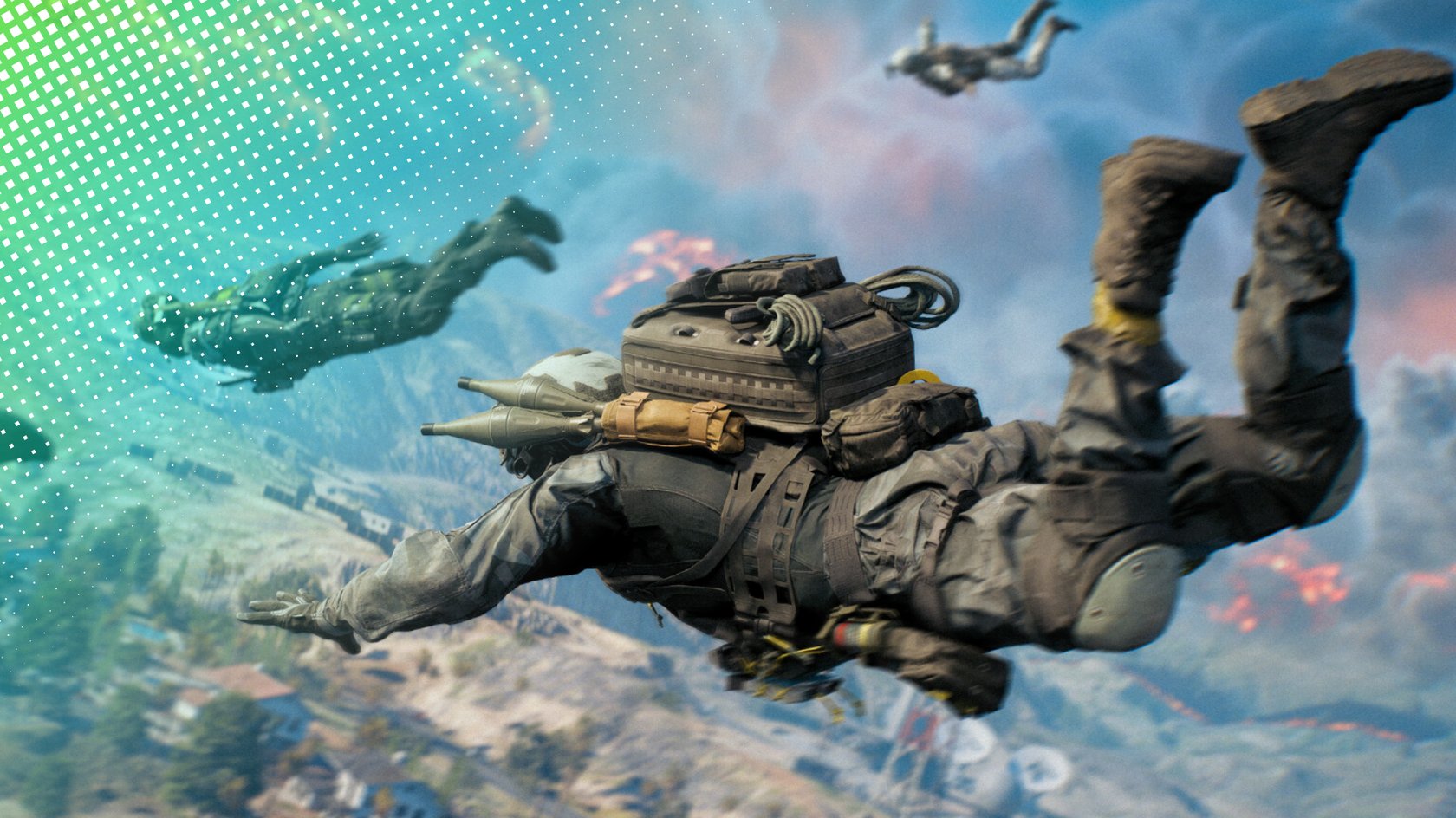 Screenshot aus dem Battle Royale für Battlefield 6, das Soldaten beim Fallschirmsprung zeigt. Screenshot aus dem Battle Royale für Battlefield 6, das Soldaten beim Fallschirmsprung zeigt.