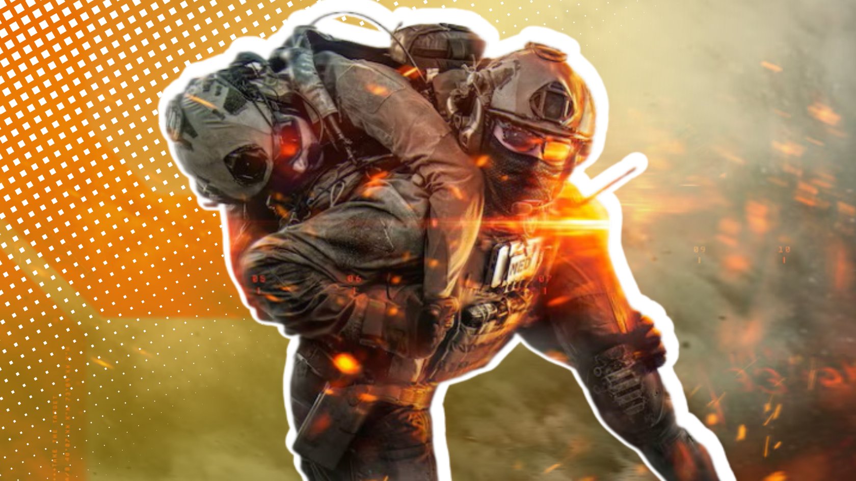 Soldat aus dem Spiel Battlefield 6 trägt einen anderen Soldaten auf der Schulter. Soldat aus dem Spiel Battlefield 6 trägt einen anderen Soldaten auf der Schulter.
