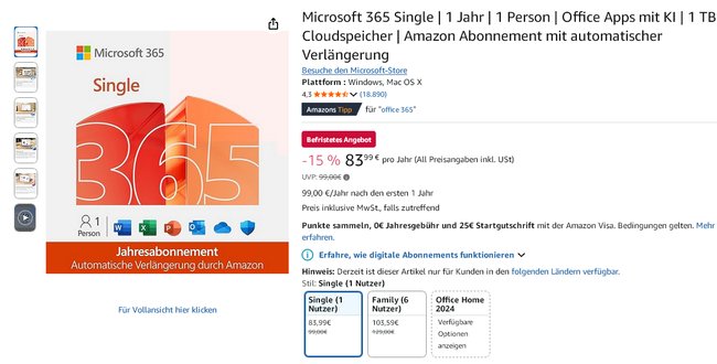 Screenshot einer Amazon-Seite, auf der Microsoft Single Home billiger angeboten wird. Screenshot einer Amazon-Seite, auf der Microsoft Single Home billiger angeboten wird.