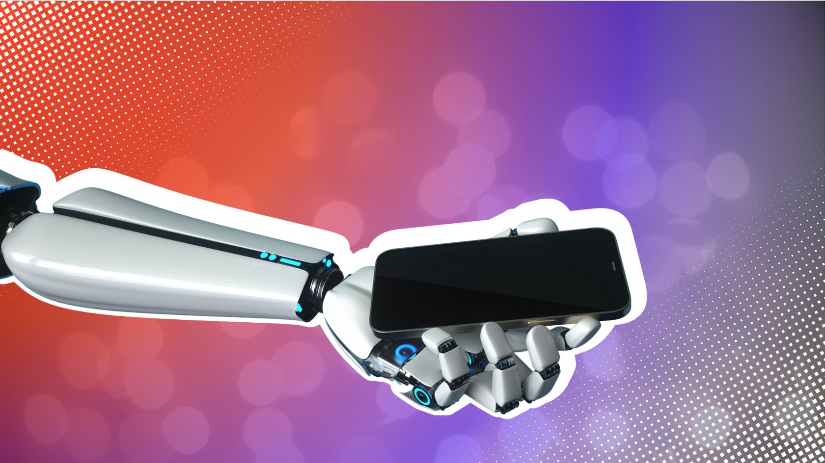 Eine futuristische Roboterhand aus weißem und silbernem Material mit leuchtend blauen Akzenten hält ein modernes Smartphone vor einem schlichten Hintergrund. Eine futuristische Roboterhand aus weißem und silbernem Material mit leuchtend blauen Akzenten hält ein modernes Smartphone vor einem schlichten Hintergrund.