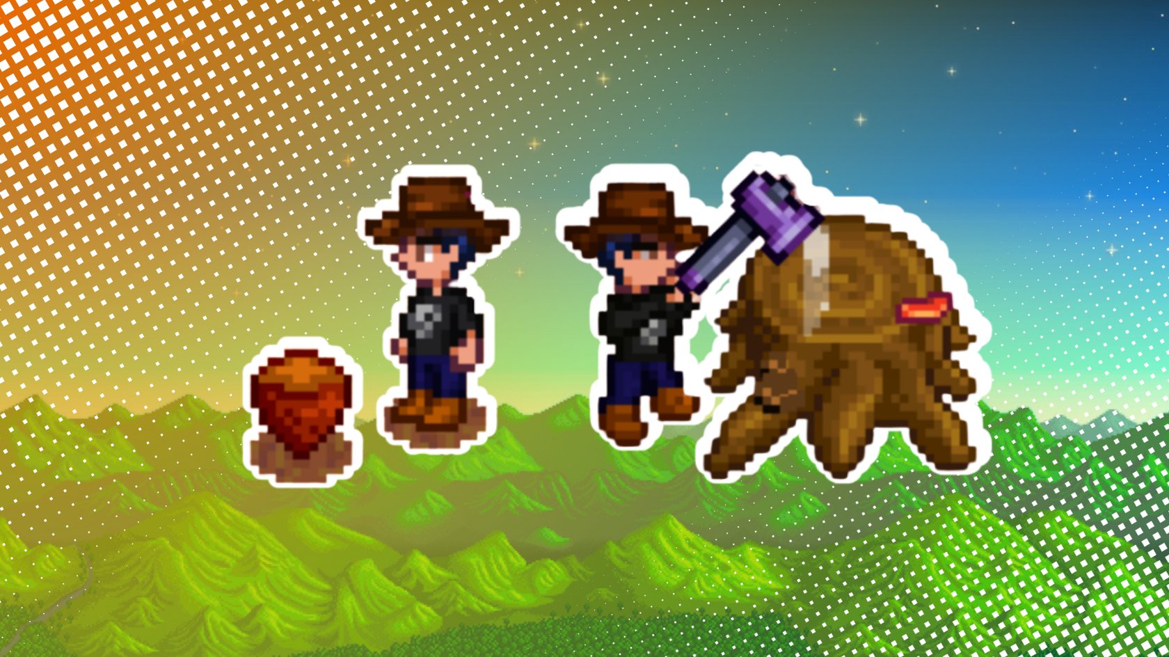 Pixelgrafik aus einem Videospiel zeigt drei Figuren in unterschiedlichen Stadien: einen kleinen Setzling, eine stehende Spielfigur mit braunem Hut und eine Szene, in der dieselbe Figur mit einer Axt auf einen grossen Baumstumpf einschlägt. Der Hintergrund ist bunt mit einem Verlauf von Orange zu Blau und stilisierten grünen Hügeln. Pixelgrafik aus einem Videospiel zeigt drei Figuren in unterschiedlichen Stadien: einen kleinen Setzling, eine stehende Spielfigur mit braunem Hut und eine Szene, in der dieselbe Figur mit einer Axt auf einen grossen Baumstumpf einschlägt. Der Hintergrund ist bunt mit einem Verlauf von Orange zu Blau und stilisierten grünen Hügeln.