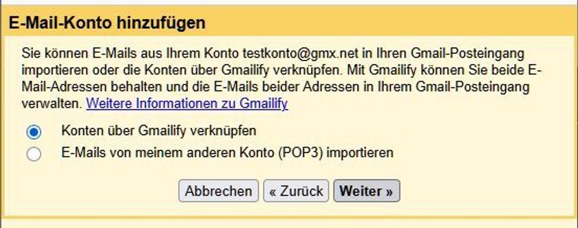 Screenshot eines Dialogfelds mit dem Titel "E-Mail-Konto hinzufügen". Es gibt zwei Optionen: "Konten über Gmailify verknüpfen" und "E-Mails von meinem anderen Konto (POP3) importieren". Screenshot eines Dialogfelds mit dem Titel "E-Mail-Konto hinzufügen". Es gibt zwei Optionen: "Konten über Gmailify verknüpfen" und "E-Mails von meinem anderen Konto (POP3) importieren".