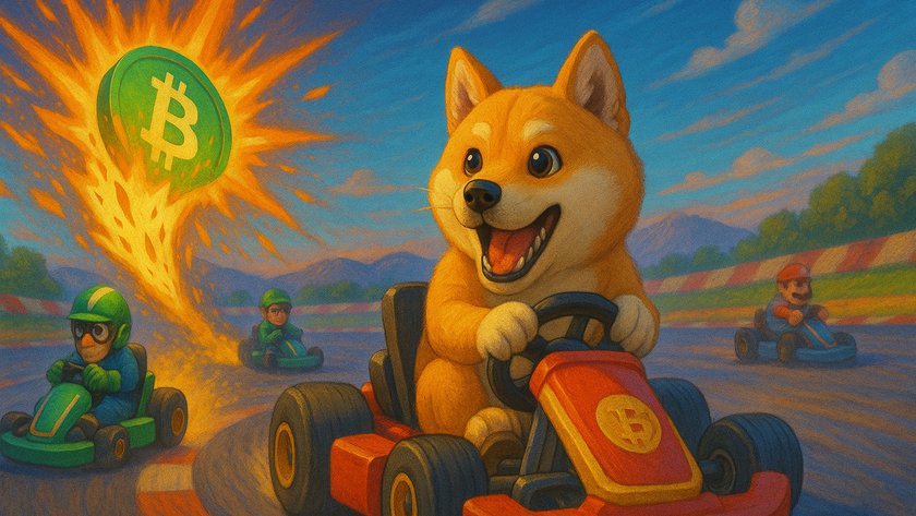 KI-generiertes Bild von einem Hund im einem Kart auf einer Rennstrecke, im Hintergrund das Bitcoin-Logo vor einer Explosion. KI-generiertes Bild von einem Hund im einem Kart auf einer Rennstrecke, im Hintergrund das Bitcoin-Logo vor einer Explosion.