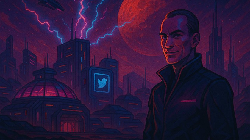 KI-generiertes Bild von einem Mann steht vor einer Stadt im Cyberpunk-Look. Blitze schießen aus einem Turm mit dem Twitter-Logo darauf. KI-generiertes Bild von einem Mann steht vor einer Stadt im Cyberpunk-Look. Blitze schießen aus einem Turm mit dem Twitter-Logo darauf.