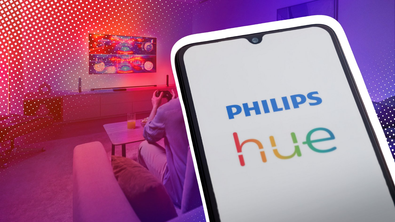 Das Logo von Philips Hue auf einem Smartphone. Das Logo von Philips Hue auf einem Smartphone.