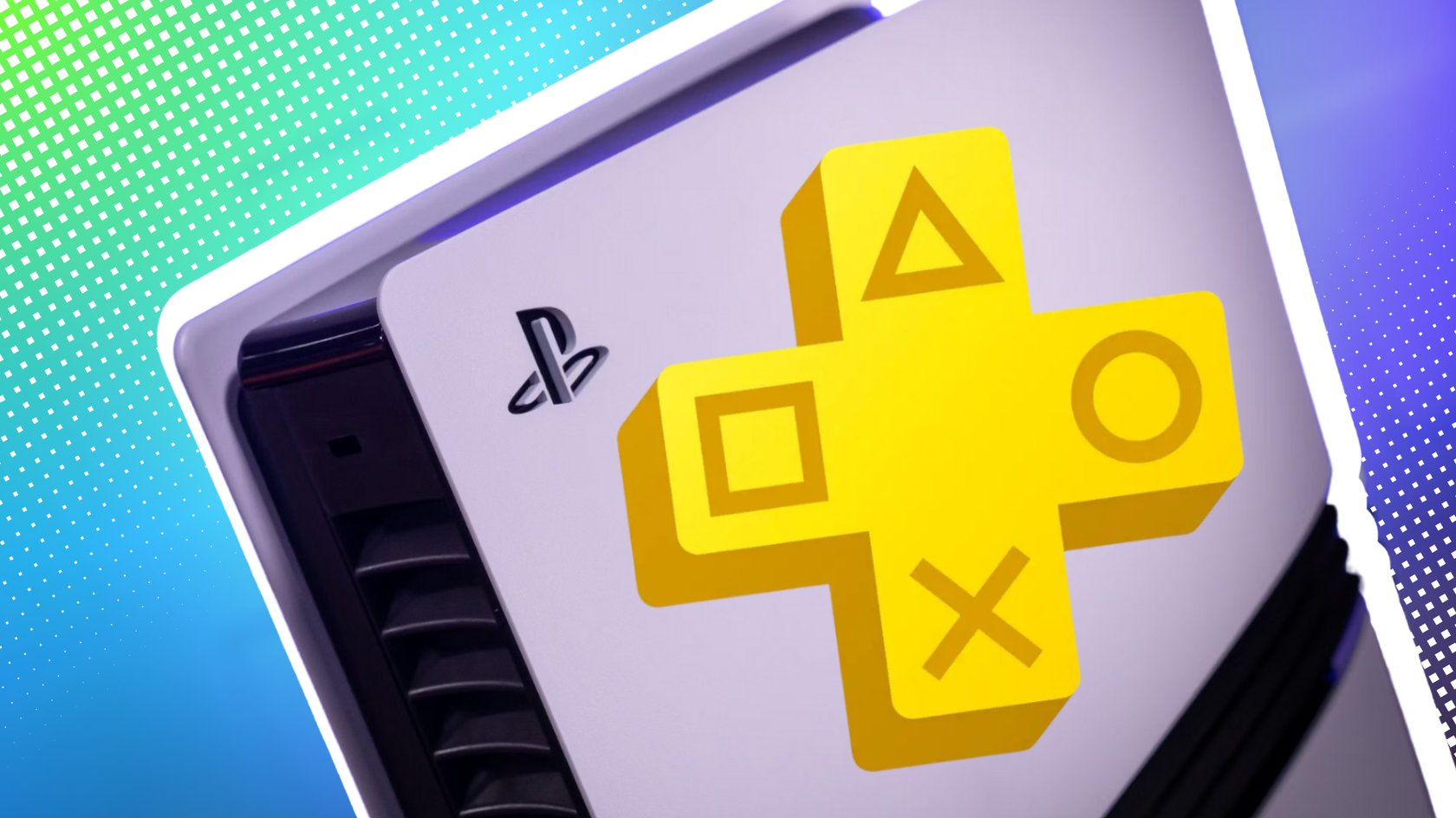 PS5 mit dem PS Plus Logo vor einem blaugrünen Hintergrund. PS5 mit dem PS Plus Logo vor einem blaugrünen Hintergrund.