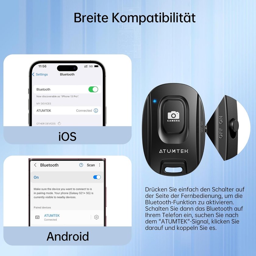 Das Bild zeigt die breite Kompatibilität eines Bluetooth-Fernauslösers. Links sind Screenshots von Bluetooth-Einstellungen auf iOS und Android zu sehen. Eine Anleitung auf Deutsch erklärt, wie man das Gerät mit dem Smartphone koppelt. Das Bild zeigt die breite Kompatibilität eines Bluetooth-Fernauslösers. Links sind Screenshots von Bluetooth-Einstellungen auf iOS und Android zu sehen. Eine Anleitung auf Deutsch erklärt, wie man das Gerät mit dem Smartphone koppelt.