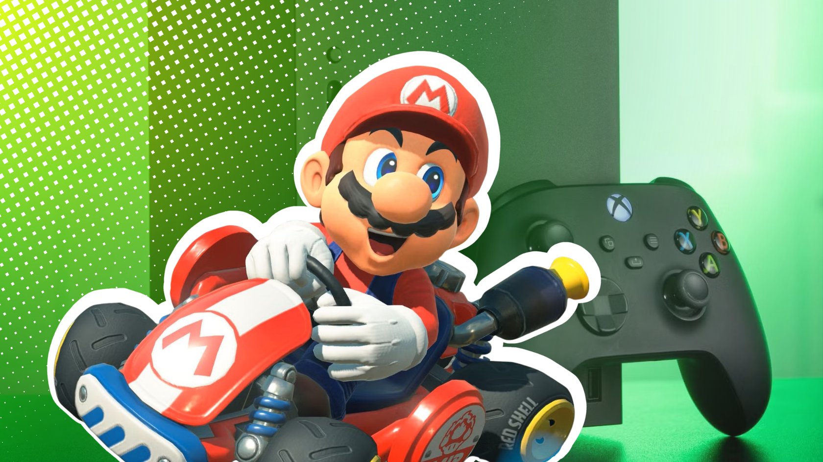 Mario aus Mario Kart World vor einer Xbox Series X. Mario aus Mario Kart World vor einer Xbox Series X.